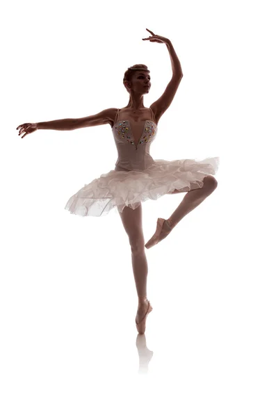 woman ballerina in white pack posing on white background, photo made in the style of \