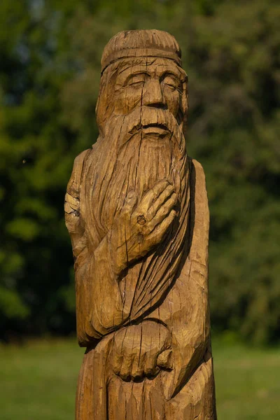 Wooden sculpture in the park in summer