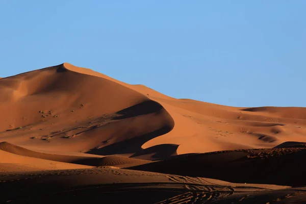 Dunas de arena del Sahara marroquí y sombras al atardecer —  Fotos de Stock