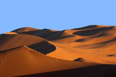 Fas Sahara kum tepeleri ve gün batımında gölgeler