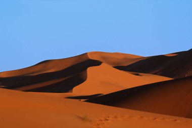 Fas Sahara kum tepeleri ve gün batımında gölgeler