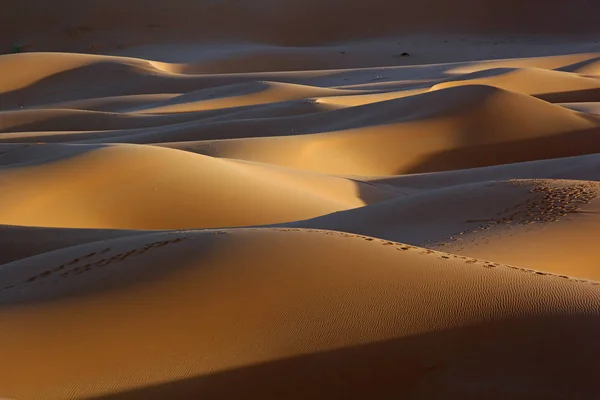Dunas y sombras del Sahara marroquí al atardecer — Foto de Stock