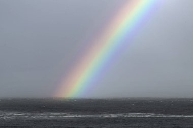 Okyanus üzerinde gök gürültülü bulutlar ve gökkuşağı. Güney Afrika.