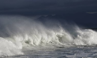 Seascape. Okyanusun yüzeyinde güçlü okyanus dalgası. Sığ bir bankada dalga lar kırılır. Fırtınalı hava, fırtınalı bulutlar gökyüzü arka plan.