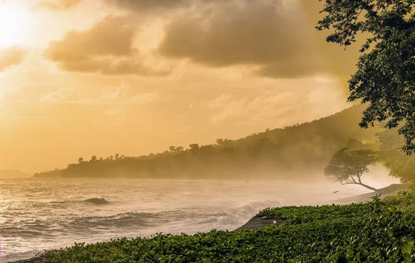 丹後湖国立公園の黒砂火山ビーチ タンコココ国立公園の海岸に早朝の霧 スラウェシ島 インドネシア — ストック写真