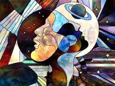 Lekeli Glass Forever serisi. Bilim, iç gerçeklik ve yaşamın birliği üzerine evrenin rengarenk desenleri ve sembolleriyle kadın ve erkek başları birbirlerini inceliyor..