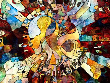 Vitray sonsuza dek serisi. İnsan profilleri, semboller ve renk desen tasarım, yaratıcılık ve hayal gücü konusunda