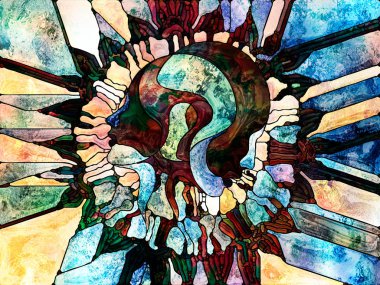 Vitray sonsuza dek serisi. İnsan profilleri, semboller ve renk desen tasarım, yaratıcılık ve hayal gücü bu konu üzerine bir kavramı mecaz olarak yaratıcı düzenlenmesi