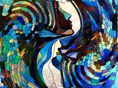 Vitray sonsuza dek serisi. Erkek ve dişi profilleri ile organik satır tasvir patters iç hayatı, çeşitlilik ve birlik simgeleyen karmaşıklığı.