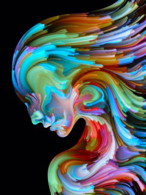 Boya serisi yüz. Sanat, hayal gücü, yaratıcılık ve feminizm konusunda renkli insan portre bileşimi