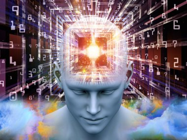 Zihin İşlemcisi serisi. Yapay zeka, akıl, kitle iletişim araçları ve modern teknoloji konusuna bakış açısıyla insan kafasının 3 boyutlu çizimi