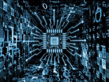 Bilgi işlem makinesi serisi. bilgisayar bilimi, dijital dünyada, sanal gerçeklik ve modern teknoloji Cpu 3D çizimi için perspektif fraktal ortamında ile çalışır