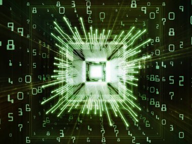 Bilgi işlem makinesi serisi. Cpu 3D çizimi resimler bilgisayar bilimi, dijital dünyada, sanal gerçeklik ve modern teknoloji için perspektif fraktal ortamında ile