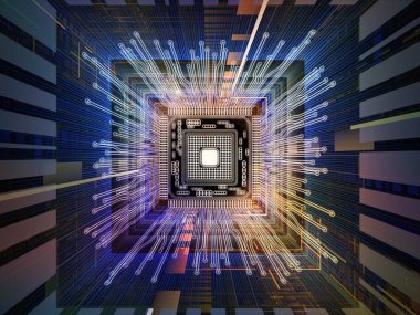 Bilgi işlem makinesi serisi. Cpu 3D çizimi bilgisayar bilimi, dijital dünyada, sanal gerçeklik ve modern teknolojinin projelerde kullanılmak üzere perspektif fraktal ortamında ile