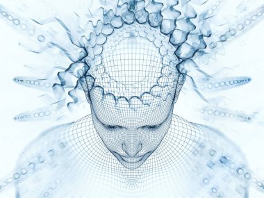 3D render - zihin alan serisi. Yapay zeka, bilim ve teknoloji konusu için tel kafes insan modeli ve fraktal patters başkanı yaratıcı düzenleme