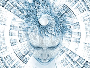 3D Renderleme Zihin Sahası serisi. Tel örgüsü insan modeli ve yapay zeka, bilim ve teknoloji üzerine fraktal paternlerin etkileşimi