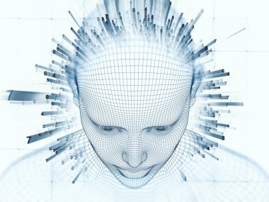 3D render - zihin alan serisi. Tel kafes insan modeli başkanı sanatsal arka plan yaptı ve yapay zeka, bilim ve teknoloji projelerde kullanılmak üzere fraktal patters