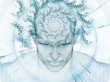 3D render - zihin alan serisi. Tel kafes insan modeli ve fraktal patters yapay zeka, bilim ve teknoloji projeleri için başkanı bileşimi