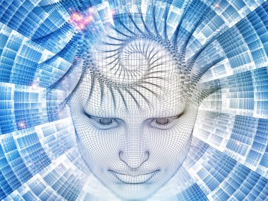 3D render - zihin alan serisi. Zemin tel kafes insan modeli ve fraktal patters başkanı oluşmaktadır ve yapay zeka, bilim ve teknoloji projelerde kullanıma uygun