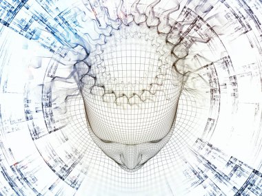 3D Renderleme Zihin Sahası serisi. Yapay zeka, bilim ve teknolojiyle ilgili projelerde zemin görevi görmesi için tel örgüsü insan modeli ve fraktal patinajlardan oluşan tasarım