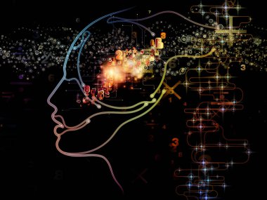 Dijital Zihin serisi. Bilgisayar bilimi, yapay zeka ve iletişim konularındaki insan yüzü ve teknoloji sembollerinin etkileşimi