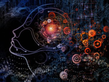 Dijital zihin serisi. Bilgisayar bilimi, yapay zeka ve iletişim projeler için insan yüz ve teknoloji sembol siluet bileşimi