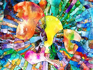 Lekeli Glass Forever serisi. Öğretmen ve öğrenci profilleri varoluş birliği konusunda mozaik gerçeklikle bölünmüş ve birleştirilmiştir..