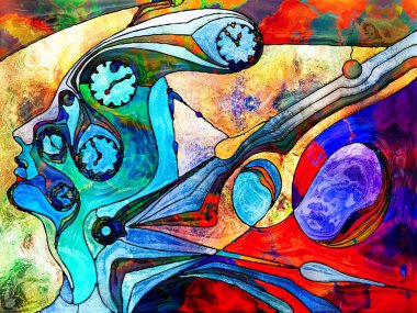 Vitray sonsuza dek serisi. Zaman, yaş, zihinsel yaşam ve iç gerçeklik konusunda insan profili ve saat unsurları etkileşimi.