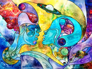 Vitray sonsuza dek serisi. Gezegen yörüngeleri ile insan profilleri arasında aşk, ilişki ve dünya dışı iletişim konusunda organik desenleri ile çizilmiş.