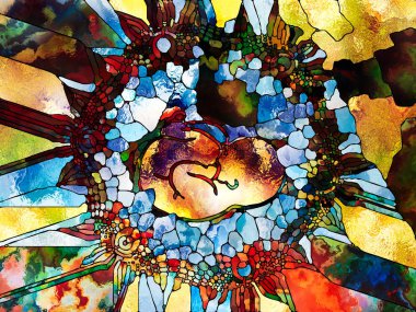 Lekeli Glass Forever serisi. Sanat, uzay bölünmesi ve tasarım konularında renk parçacıklarının, şekil kalıplarının ve sembollerin düzenlenmesi