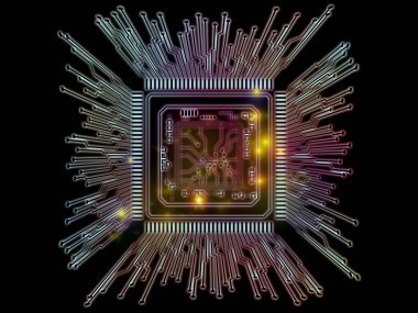 Makine serisi hesaplanıyor. Bilgisayar bilimi, dijital dünya, sanal gerçeklik ve modern teknoloji konularına perspektif olarak Fraktal ortama sahip üç boyutlu CPU çizimi
