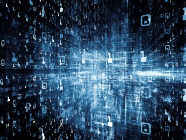 Digital City serisi. Bilgisayarlar, bilim, sanal gerçeklik ve modern teknoloji konularında üç boyutlu fraktal ve sayıların arka plan tasarımı