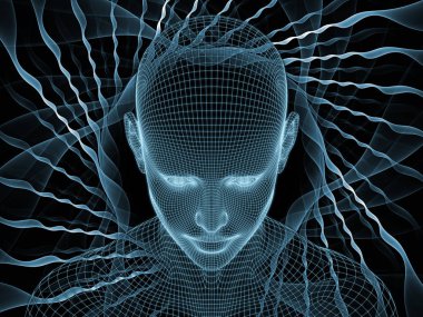 Zihin serisi yayılıyor. insan aklının, yapay zeka ve sanal gerçeklik insan kafası ve fraktal desen için çelik hasır modeli 3D render çalışır