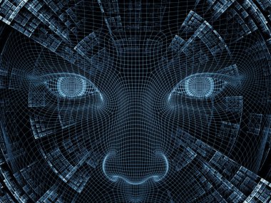 Radyasyon zihin serisi. İnsan zihni, yapay zeka ve sanal gerçeklikle ilgili projelerde zemin görevi görmesi için insan kafasının ve fraktal desenlerin 3 boyutlu kablo örgüsü modelinin oluşturulması