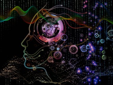 Dijital zihin serisi. Zemin, insan yüz ve teknoloji sembol siluet oluşmaktadır ve bilgisayar bilimleri, yapay zeka ve iletişim projelerde kullanıma uygun