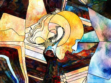 Lekeli Glass Forever serisi. Tasarım, yaratıcılık ve hayal gücü konularında insan profillerinin, sembollerin ve renk kalıplarının arkaplan tasarımı