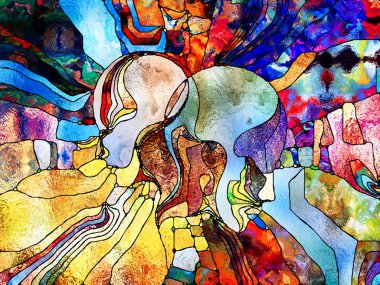 Lekeli Glass Forever serisi. Tasarım, yaratıcılık ve hayal gücü projeleri için uygun arkaplan olarak insan profillerinin, sembollerin ve renk kalıplarının bileşimi