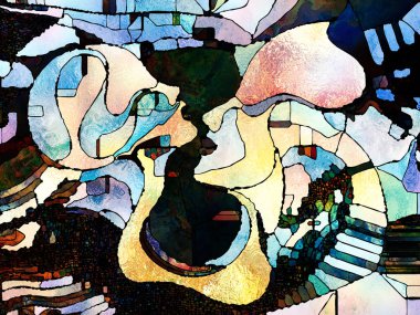 Lekeli Glass Forever serisi. Sanat, uzay bölünmesi ve tasarım konularındaki renk parçalarının, şekil kalıplarının ve sembollerin etkileşimi