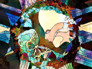 Vitray sonsuza dek serisi. Organik patters birlik, insan ve doğa konusundaki çocuk ve kelebek sembolleri.