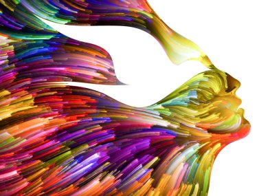 Kuş zihin serisi. Yaratıcılık, hayal gücü, Maneviyat ve sanat konusunda renkli boya ile yürütülen kadın ve kuş profil arka plan tasarımı