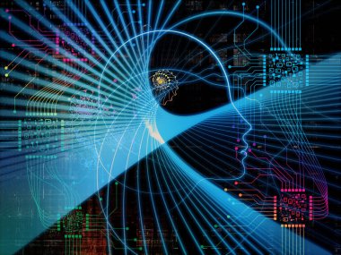 CPU zihin serisi. İnsan yüzü siluet ve teknoloji sembolleri konular bilgisayar bilimi, yapay zeka ve iletişim için görsel olarak hoş bileşimi