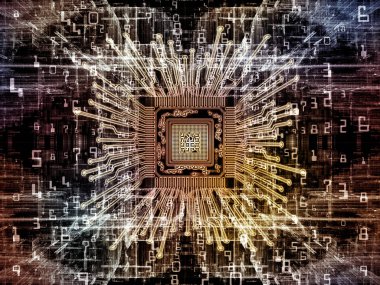 Bilgi işlem makinesi serisi. Cpu bilgisayar bilimi, dijital dünyada, sanal gerçeklik ve modern teknoloji konusunda bir metafor olarak 3D resimde perspektif fraktal ortamında ile