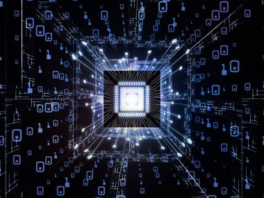 Makine serisi hesaplanıyor. Bilgisayar bilimi, dijital dünya, sanal gerçeklik ve modern teknoloji konularına perspektif olarak Fraktal ortama sahip üç boyutlu CPU çizimi