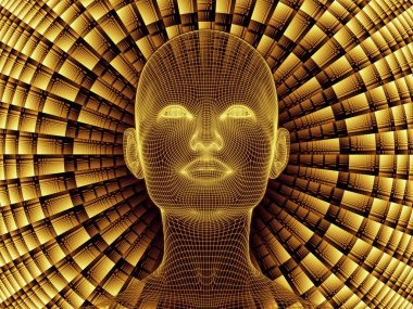Zihin serisi yayılıyor. insan zihni, yapay zeka ve sanal gerçeklik konusunda bir metafor olarak insan baş ve fraktal desen Çelik hasır modelinin 3D render oluşur