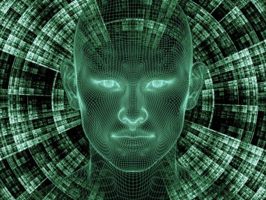 Radyasyon zihin serisi. İnsan zihni, yapay zeka ve sanal gerçeklik üzerinde insan kafası ve fraktal modelinin 3 boyutlu yansıması