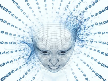 3D render - zihin alan serisi. Tel kafes insan modeli ve fraktal patters yapay zeka, bilim ve teknoloji konusunda başkanı fon