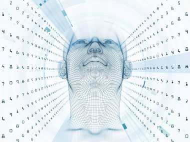 3D render - zihin alan serisi. Yapay zeka, bilim ve teknoloji konusu için tel kafes insan modeli ve fraktal patters başkanı yaratıcı düzenleme