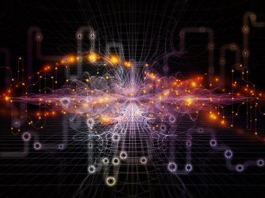 Bağlı dünya serisi. Ağ diyagramları, yüksek teknoloji semboller ve fraktal desenleri modern teknoloji, eğitim ve bilgisayar iletişim konuyla ilgili kompozisyon