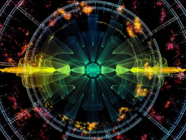 Dalga Fonksiyonu serisi. Ses eşitleyici, müzik spektrumu ve kuantum olasılığı için renkli sinüs titreşimleri, ışık ve fraktal elementlerin grafiksel bileşimi