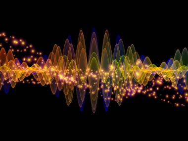 Dalga Fonksiyonu serisi. Ses eşitleyici, müzik spektrumu ve kuantum olasılığının metaforu olarak renkli sinüs titreşimleri, ışık ve fraktal elementlerden oluşan tasarım